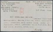 POWs in Japan: HAKODATE: Plain cover from 'TWO WELLS' (SA) with Melbourne censor cachet unusually in blue, minor opening fault at U/R, with the enclosed letter; and Red Cross blue/white POW Lettersheet from 'JAMESTOWN/SA'. (3 items) - 3