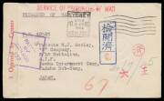 POWs in Japan: OSAKA: Plain cover from Sydney with attractive combination of markings; blue/white POW Envelope uprated for 5d airmail rate from 'BOONAH' (Qld), faults; and Red Cross blue/white POW Lettersheet also from Boonah. (3)