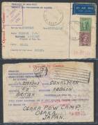 POWs in Japan: OSAKA: Plain cover from Sydney with attractive combination of markings; blue/white POW Envelope uprated for 5d airmail rate from 'BOONAH' (Qld), faults; and Red Cross blue/white POW Lettersheet also from Boonah. (3) - 2