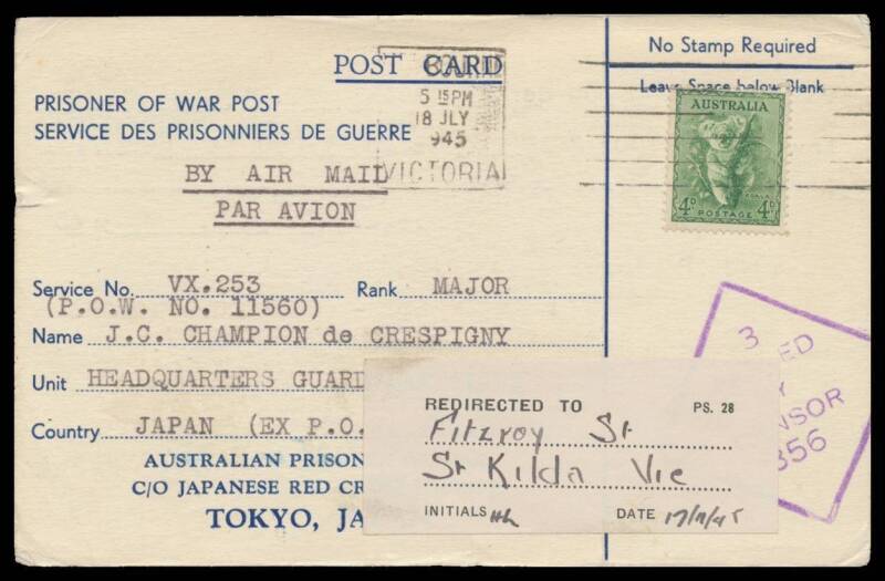 POWs in Japan: TOKYO: 1945 (July 18) blue/white POW Postal Card uprated with 4d Koala for airmail rate, undeliverable because of the Japanese surrender & returned with redirection label dated "17.11.45".