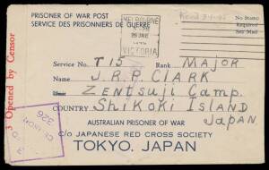 POWs in Japan: ZENTSUJI: Three plain envelopes, Red Cross envelope with Thick Bar, blue/white envelope with hand-drawn Christmas card, and Red Cross blue/white lettersheet, all from NSW or Victoria, surprisingly fine group. (7 items)