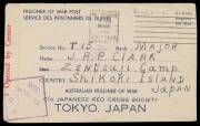 POWs in Japan: ZENTSUJI: Three plain envelopes, Red Cross envelope with Thick Bar, blue/white envelope with hand-drawn Christmas card, and Red Cross blue/white lettersheet, all from NSW or Victoria, surprisingly fine group. (7 items)