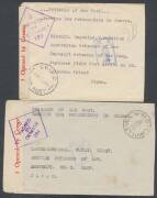 POWs in Japan: ZENTSUJI: Three plain envelopes, Red Cross envelope with Thick Bar, blue/white envelope with hand-drawn Christmas card, and Red Cross blue/white lettersheet, all from NSW or Victoria, surprisingly fine group. (7 items) - 2