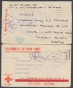 POWs in Japan: ZENTSUJI: Three plain envelopes, Red Cross envelope with Thick Bar, blue/white envelope with hand-drawn Christmas card, and Red Cross blue/white lettersheet, all from NSW or Victoria, surprisingly fine group. (7 items) - 3