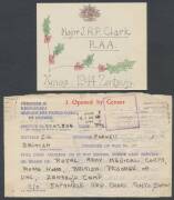 POWs in Japan: ZENTSUJI: Three plain envelopes, Red Cross envelope with Thick Bar, blue/white envelope with hand-drawn Christmas card, and Red Cross blue/white lettersheet, all from NSW or Victoria, surprisingly fine group. (7 items) - 4