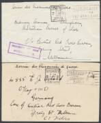 Liberated POWs: Six stampless covers from NSW x4 or Queensland x2 to various Australian POWs in Germany or unspecified countries all sent to the Red Cross in Melbourne; plus two different advice of receipt of parcel postcards from the Red Cross at Melbour - 2