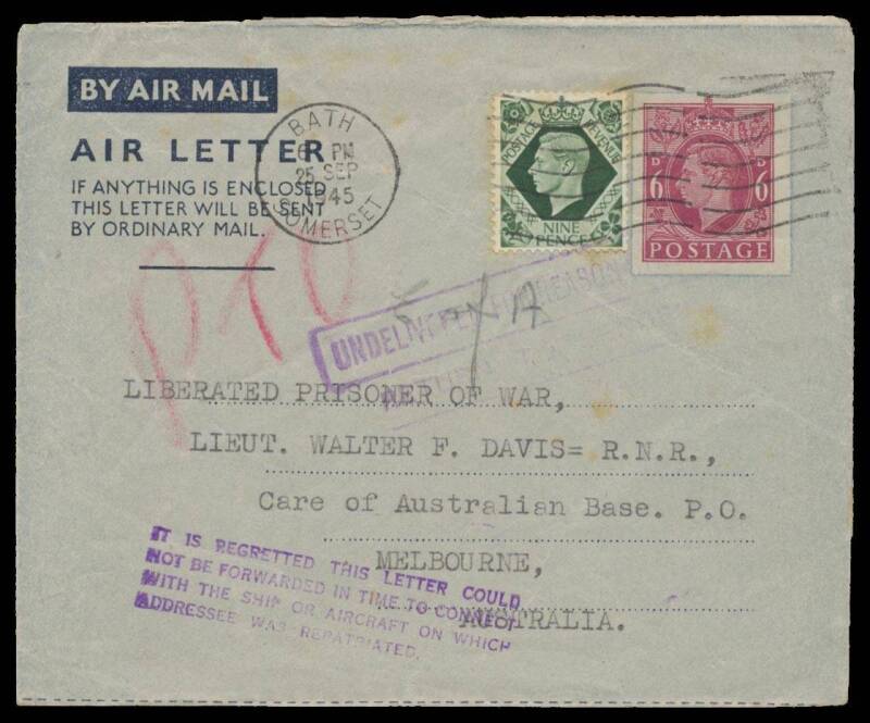 Liberated POWs: Four covers - two by air - & seven aerogrammes all from GB to liberated POWs all addressed c/- the GPO Melbourne, various redirections & cachets including 'NO RECORD OF/Repatriation/OF ADDRESSEE' x2 & similar straight-line type, and three