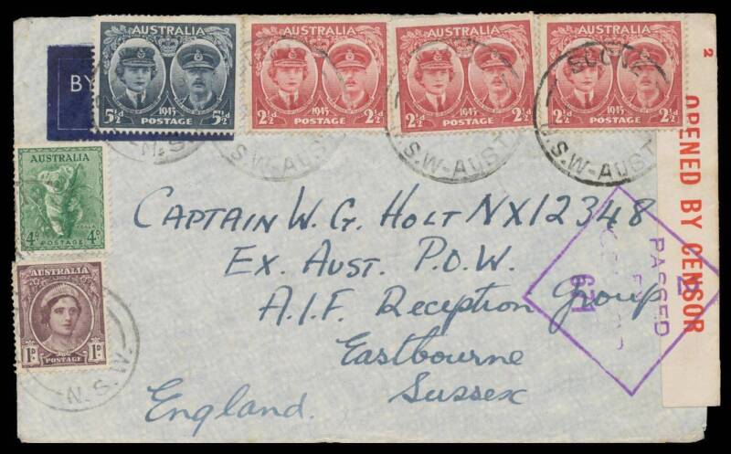 Liberated POWs: EASTBOURNE, SUSSEX (ENGLAND): 1945 (May) airmail cover from Sydney to "Ex Aust POW/AIF Reception Group/Eastbourne/..." with six stamps making up the 1/6d rate, minor blemishes.