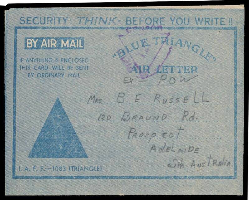 Liberated POWs: BANGKOK: 1945 (Sep 3) usage of British "Blue Triangle" formular aerogramme endorsed "Ex - POW", to South Australia. The writer states "...[Brian] sent a letter with me but as it was written on the wrong type of paper authorities would not