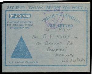 Liberated POWs: BANGKOK: 1945 (Sep 3) usage of British "Blue Triangle" formular aerogramme endorsed "Ex - POW", to South Australia. The writer states "...[Brian] sent a letter with me but as it was written on the wrong type of paper authorities would not 