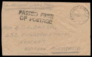 Liberated POWs: BANGKOK: 1945 (Sep 26) plain envelope endorsed "Ex prisoner of War Mail" & on the reverse "AIF (Bangkok Siam)", to Western Australia with 'PASSED FREE/OF POSTAGE' cachet & 'No2 AUST BASE PO/ F ' cds used at Melbourne. [Phil Collas says No 