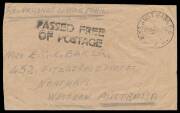 Liberated POWs: BANGKOK: 1945 (Sep 26) plain envelope endorsed "Ex prisoner of War Mail" & on the reverse "AIF (Bangkok Siam)", to Western Australia with 'PASSED FREE/OF POSTAGE' cachet & 'No2 AUST BASE PO/ F ' cds used at Melbourne. [Phil Collas says No