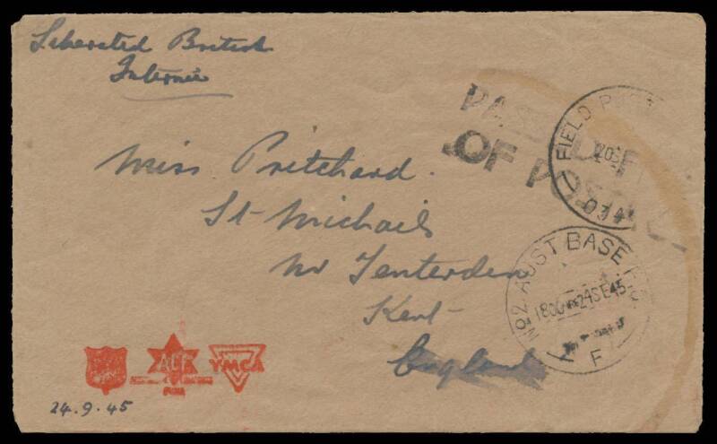 Liberated POWs: KUCHING: 1945 (Sep 20) Comforts Fund cover endorsed "Liberated British/Internee" at upper-left & on the reverse "c/- BBCAU/Labuan" (= British Borneo Civil Affairs Unit), 'FIELD POST OFFICE/034' cds in use at Kuching, to GB with 'No2 AUST