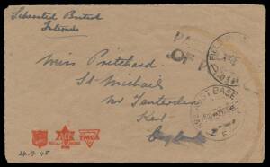 Liberated POWs: KUCHING: 1945 (Sep 20) Comforts Fund cover endorsed "Liberated British/Internee" at upper-left & on the reverse "c/- BBCAU/Labuan" (= British Borneo Civil Affairs Unit), 'FIELD POST OFFICE/034' cds in use at Kuching, to GB with 'No2 AUST 