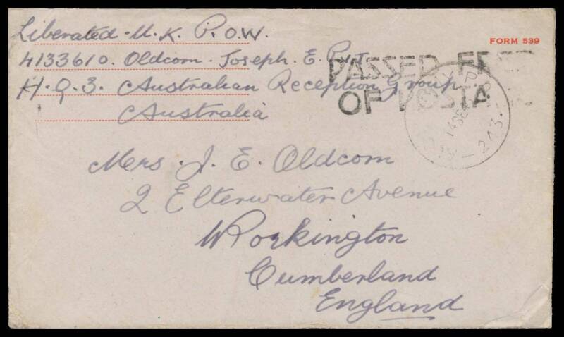 Liberated POWs: MANILA: 1945 (Sep 14) use of American Red Cross cover endorsed "Liberated UK POW/.../HQ3 Australian Reception Group" to GB with 'AUST ARMY PO/243' cds & 'PASSED FREE/OF POSTAGE' cachet.