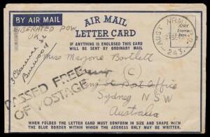 Liberated POWs: MANILA: 1945 (Sep 21) use of stampless formular aerogramme endorsed "Liberated POW" & the letter headed "Manila/ Philippine Is", to Sydney with very fine 'AUST ARMY PO/243' cds & 'PASSED FREE/OF POSTAGE' cachet, Sydney arrival b/s of 9OCT/