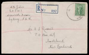 Liberated POWs: BRITISH ROYAL NAVAL BARRACKS, SYDNEY (NSW): 1945 (Nov 1) American Red Cross cover endorsed "RAPWI/Warwick Farm" (= Repatriation of Allied Prisoners of War & Internees) to New Zealand with 4d tied by cut-down relief ' C /NSW' cds & regist