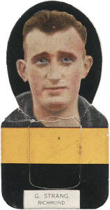 1933 Wills "Football Portraits and Club Colours" Die-Cut Stand-up Cards, [1/5] G.Strang (Richmond). Good condition (minor bend). Rarity 8.