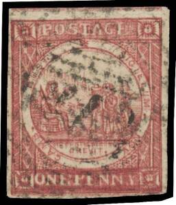 NSW: 1850-51 Sydney Views Plate I (No Clouds) on Soft Yellowish Paper 1d reddish rose as SG 3 [8] but with a Pronounced Double Impression, margins just clear to large, indistinct numeral cancel that leaves much of the design unobscured, Cat Â£475+. BPA Ce