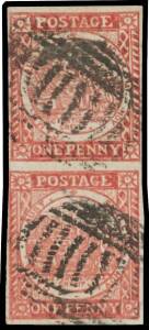 NSW: 1850-51 Sydney Views Plate II (Clouds) on Horizontally Laid Paper 1d carmine SG 13 vertical pair, margins close to good except at upper-left of the lower unit where just touched, bars cancels of Sydney, Cat Â£1400+. A rare & desirable multiple.