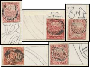 NSW: 1850-51 Sydney Views Plate II (Clouds) on Horizontally Laid Paper 1d carmine/vermilion group SG 13-14 five examples including [7, No Trees on Hill] all with portions of the Papermaker's Watermark, all with full margins (one creased), Cat Â£3600. A v