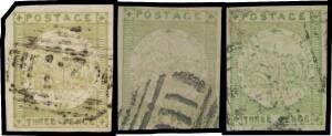 NSW: 1850-51 Sydney Views 3d trio comprising Yellowish Paper SG 39 and Bluish Paper SG 42 x2, full margins, Cat Â£875.