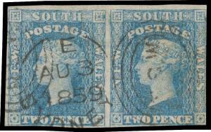 NSW: 1856-60 Imperforate Small Diadems Lithographic Transfer 2d pale blue SG 118 horizontal pair, margins just shaved - at right - to large, the first unit a superb stamp with full margins, very fine strike of the ' E / AU3/1859/SYDNEY - NSW' (sideways) d