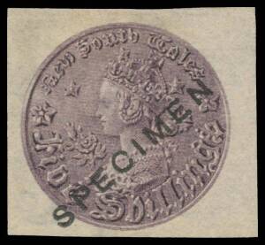 NSW: 1861-68 Five Shillings Coin 5/- dull violet as SG 174 but Imperforate, margins good to huge, diagonal 'SPECIMEN' Overprint, no gum. [Absent from Bill McCredie's exceptional collection]