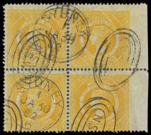 NSW: 1871-1902 Wmk '36' Perf 13 8d yellow SG 218 marginal block of 4 from the right of the sheet imperf at right (as always), 1882 Sydney duplex cancels, Cat Â£72++. A rare multiple. ( )