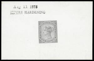 NSW: 1871-1902 Wmk '36' 1/- die proof in black - the issued colour - on highly glazed card (92x60mm) with 'Aug 13 1875' & 'BEFORE HARDENING' handstamps at upper-left, superb!; imperforate plate proof block of 24 (12x2) in green on gummed unwatermarked pap