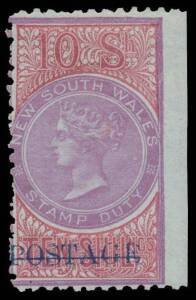 NSW: 1885-86 Stamp Duty Overprinted 'POSTAGE' in Blue 10/- mauve & claret Perf 10 SG 241 Imperforate at Right, large-part o.g., Cat Â£1700. A rare & underrated stamp. Ex Guy Hutson.