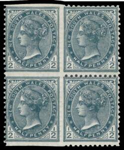 NSW: 1892-99 New Denomination Â½d slate Perf 12x11Â½ block of 4 the left-hand units apparently Imperforate Three Sides SG 272c but with "blind perfs", the second unit with a small thin, large-part o.g., Cat Â£1600(-). Ex Guy Hutson.