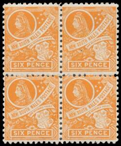 NSW: 1905-10 Crown/A 6d orange Perf 11 BW #N41 (SG 342a) block of 4, the lower units are unmounted, Cat $3000++ (Â£1400++) mounted. Guy Hutson's similar block of 4 - all units mounted - sold for Â£1320.