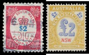 NSW: REVENUES TAX INSTALMENT: 4d, 1/-, 2/- x2, 3/- pair, 5/-, 8/- x4, 9/- x2, 10/-, 11/- x8, 15/- x3, Â£1 x17 & Â£2, apparently all unmounted; and a few strays. (65)