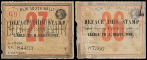 NSW: REVENUES BEER DUTY: 1894 6/9d (filled numerals) for 27 gallons & 9/- for 36 gallons, both soiled with characteristic faults & repairs at lower-left with pieces from other 6/9d stamps, Elsmore Online Cat $600.