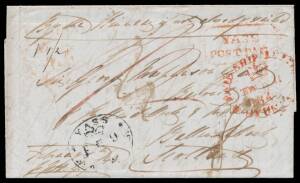 NSW: 1843 (Feb 4) double-rate entire to Scotland "By the Kennedy [?] if not already sailed" with fine strikes of the boxed 'YASS/POST PAID' h/s in red & oval Yass datestamp, Sydney & London (1JY1/1843) transits & boxed 'BALLINGALLOCH' arrival b/s, ironed-