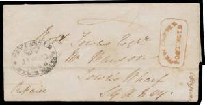 NSW: 1846 (Jan 20) entire to Sydney endorsed "Prepaid" with fair strike of boxed h/s with curved 'NEWCASTLE/POST PAID' (White # P12) in red rated "4"(d) paid and good crowned oval 'NEWCASTLE/NEW.S.WALES' (White # C65) alongside on face, 'GENERAL POST OFFI