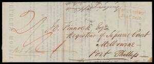 NSW: 1847 (June 3) Goulburn Hospital 'Terms of Admission' notice to Registrar, Supreme Court, Melbourne annotated "Enclosing affidavit ..." with fair boxed 'GOULBURN/POST PAID' h/s (White # P11) in red on face and poor crowned oval 'GOULBURN/NEW.S.WALES' 