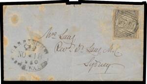 NSW: 1850 (Nov 18) entire to Sydney with Sydney Views 2d deep blue Plate III SG 30 (margins small to touching design, roughly separated) tied BN '54' (reversed '4', Freeman rated RRR) and good 'CARRINGTON/NEW.S.WALES' crowned oval (White #C65), 'SYDNEY/NE