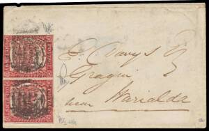 NSW: 1851 (May 22) small envelope to "Gragin/near Warialda" with rare franking of Sydney Views Plate II (Clouds) 1d carmine SG 13 horizontal pair [23-24] with close even margins tied by smudged bars cancels of Sydney (b/s), minor soiling. Peter Holcombe C