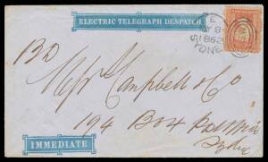 NSW: 1862 usage of blue/bluish envelope with embossed 'ELECTRIC TELEGRAPH DESPATCH' & 'IMMEDIATE', sent locally with Diadems 1d vermilion tied by Sydney duplex, minor blemishes. A very early telegraph usage & an exceptional town letter.