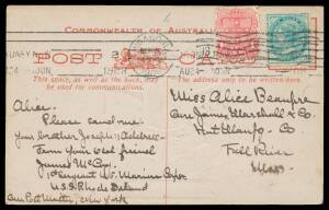 NSW: 1908 semi-official 'Visit of the United States Fleet/To Sydney Australia' PPC to USA from a sailor with the fleet aboard USS "Rhode Island", Â½d & 1d tied by Sydney machine of AU24/1908, a couple of minor blemishes. [The Fleet arrived in Sydney on 20