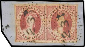 Queensland: 1860 Large Star Imperf 1d carmine-rose SG 1 horizontal pair, margins close to large with full outer framelines, ironed-out horizontal crease & minor toning, Rays '23' cancels (Bernie Manning rated RRRR) of Budgeworgorai, Cat Â£1600+. An extrem