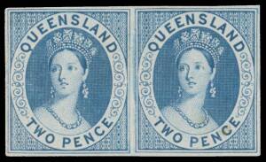 Queensland: 1860-61 Small Star 2d imperforate plate proof horizontal pair in blue (close to the issued colour) on ungummed unwatermarked paper, good even margins with full outer framelines. Very scarce.