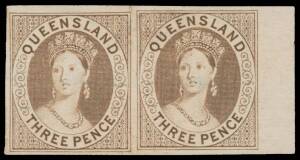 Queensland: 1860-61 Small Star 3d imperforate plate proof horizontal pair from the right of the sheet in sepia-brown (close to the issued colour) on ungummed unwatermarked paper, margins good to huge with full outer framelines. Very scarce.