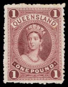 Queensland: 1882-95 Large Chalons Â£1 perforated plate proof in plum on thick watermarked paper. Lovely shade. [Basset Hull at page 160 states that this was a colour trial made in March 1897, apparently for a proposed change of colour. Bernie Manning's un