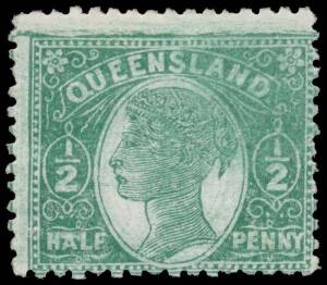 Queensland: 1895 Void Background Perf 12Â½,13 Â½d green with Double Impression SG 208a, light horizontal crease, large-part o.g. with a hinge remainder, Cat Â£2000. BPA Certificate (2009). [The first print was quite faint & was obviously considered unsati