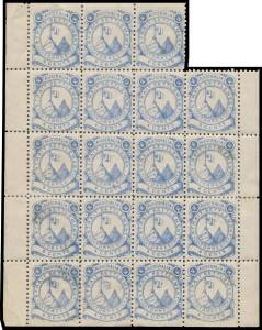 Queensland: LOCAL STAMPS: c.1870 (?) Torres Strait Settlements 4c blue (a deeper shade than the block in the previous lot) complete sheetlet of 20 (4x5; missing the upper-right corner unit) with straight edges at the top & the base, a few split/rejoined p