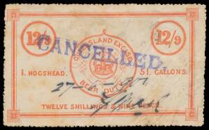 Queensland: REVENUES - BEER DUTY: 1889 Crown/Q 2/- pink for 8 gallons, unusually fine; & No Watermark (not listed by Dave Elsmore) 12/9d pink for 51 gallons, soiled & minor defects; manuscript cancels of "14.11.91" or "27-6-1907" (a very late usage), both