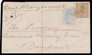 Queensland: Handy batch with four Small Chalon frankings including 1869 to Worcesershire with very fine 6d & Rays '87', 1885 to Canada with 2d x3, 1888 endorsed "Tender for carriage & Engine Sheds" with 1d pair, 1892 with 2d & 3d tied by 'REGISTERED/MARYB